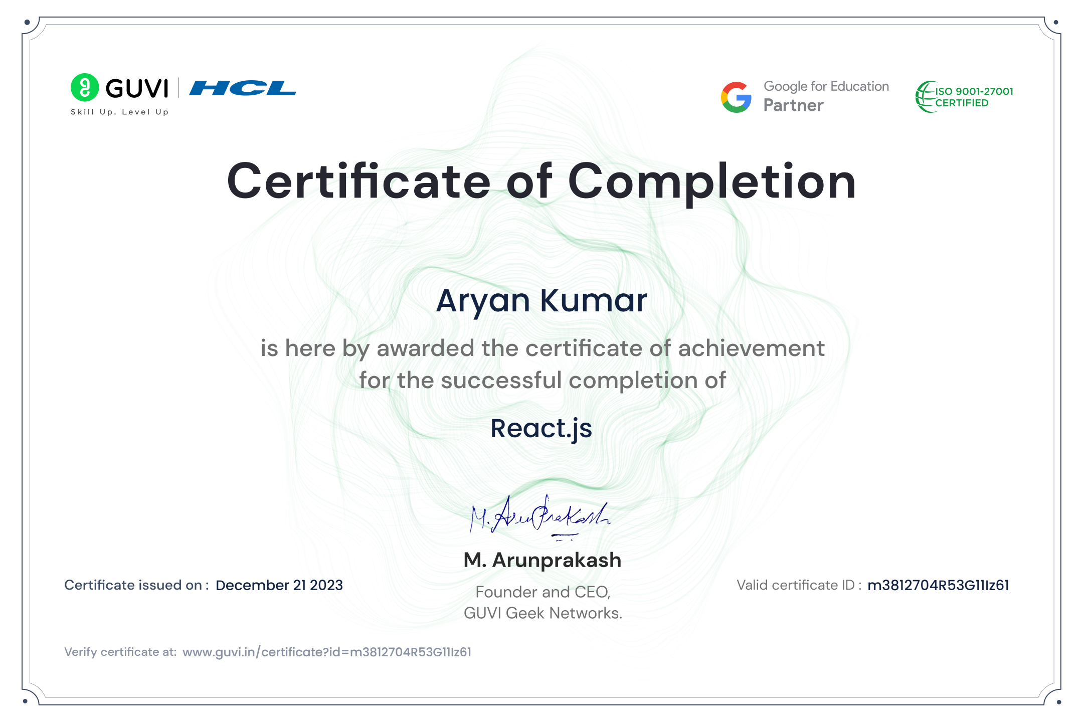 Certificate in React js